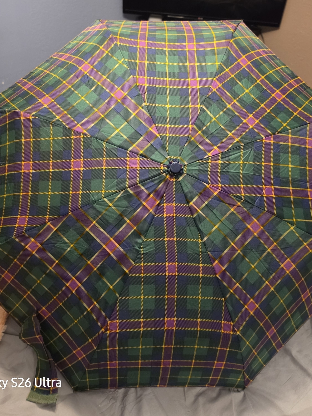 Source Unknown Green Plaid Umbrella with Purple and Yellow Accents